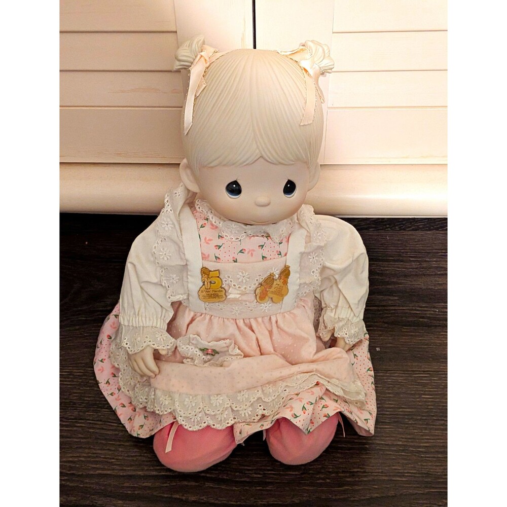Vintage Enesco Precious Moments "Debbie" Doll / Pink Floral Dress w/Club Pins